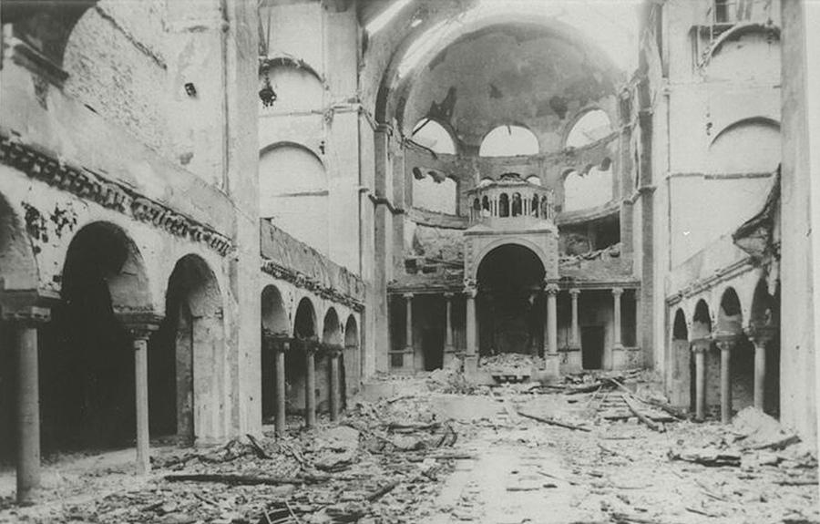Interior of destroyed Fasanenstrasse Synagogue, Berlin, burned on Kristallnacht; November Pogroms.