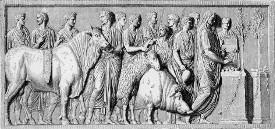 Pompeii relief depicting a bull, ram, & boar prepared for sacrifice. (Project Gutenberg)