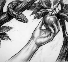 Image of Eve picking fruit from the tree, serpent in the background