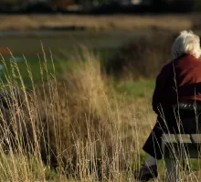 Photo of an elderly woman seated on a park bench